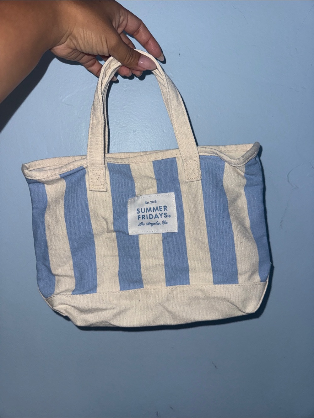 Summer Fridays Blue & Cream Striped Canvas Tote